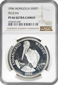 Mongolia Silver 500 Tugrik 1996 NGC: PR 66 Ultra Cameo “Pelican”. #C400 - Picture 1 of 2