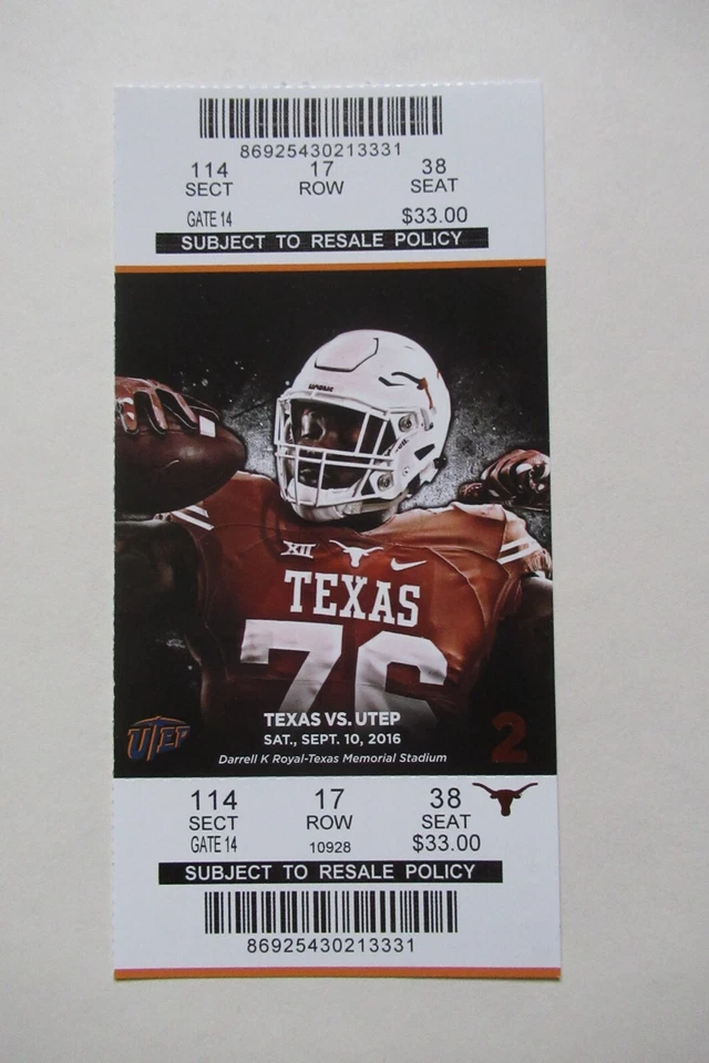 TEXAS LONGHORNS VS UTEP MINERS 9/10/2016 FULL TICKET ~ AARON JONES - Image 1 of 1