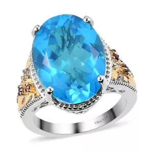 Anello Quarzo Caraibi & Pietra Preziosa Multi Dettagli Floreali & Foglie su Gambo in Argento - Foto 1 di 7