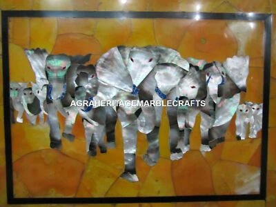 Table de salle à manger en marbre design éléphant incrustation pierre semi précieuse art décoration maison - Photo 1/4