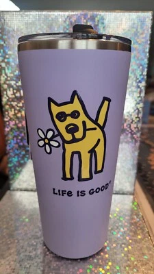 Life Is Good Yellow Dog Orchid  Steel Tumbler & Straw Cup Holder New W Tags - Image 1 of 4