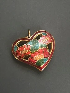 Estate Double Sided Cut-Out Red Enamel Poppy Flowers Puffy Cloisonne Heart Penda - Picture 1 of 5