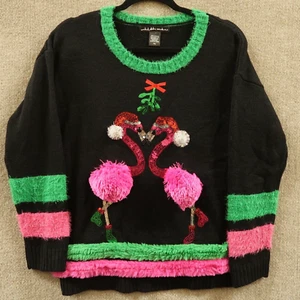 United States Sweaters Christmas Women's PM Black Pink Flamingo Couples - Picture 1 of 9