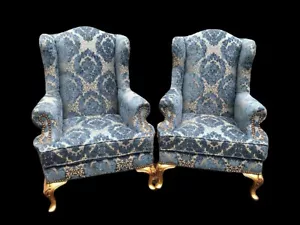 Chairs Pair Louis XVI French Gilded Blue Damask Bergère Antique 1900s Elegant - Picture 1 of 11