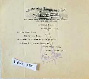 1911 ESTELLINE TX JOHNSTON HARDWARE CO. BILLHEAD IMPLEMENTO VAGÓN ARNÉS BUGGIES - Imagen 1 de 1