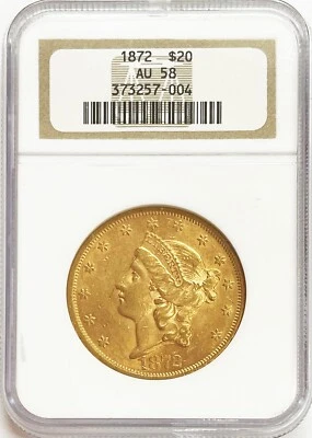 MONEDA DE ÁGUILA DOBLE CABEZA LIBERTAD 1872 ORO US $20 NGC APROXIMADAMENTE UNC 58 (PQ) Foto 1 de 2