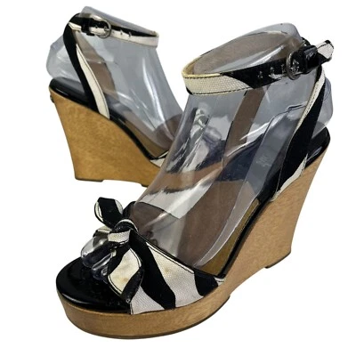 Sandalias Michael Kors Cuña Leñosas Talla 6.5 Blanco Negro Lazo Correa al Tobillo Foto 1 de 4