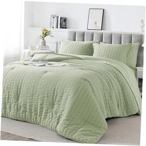 Size Seersucker Comforter Set - 7 Pieces Reversible Comforters Full Sage Green - Picture 1 of 8