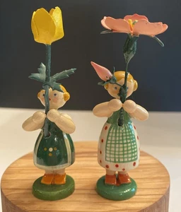 2 Vtg Erzgebirge Wooden Child Girls w/Flower Figurine Hand Painted Germany - Picture 1 of 16