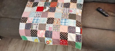 Vintage Hand Made Patchwork  Random Block Quilt Small Baby or Throw Blanket  - Image 1 of 4
