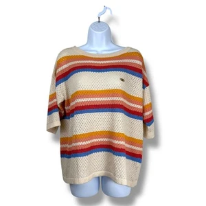 US Polo Assn. Top Womens Small Cream Rainbow Stripe Retro Kinit Pullover Coastal - Picture 1 of 11
