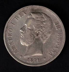 Spanien Münze 5 Peseten Amdeo I 1871 18 75 Dem Silber Silver - Picture 1 of 2