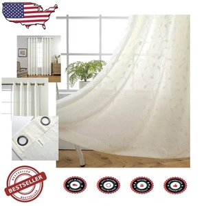 Cortinas semi transparentes de lino sintético con bordado floral - 52x84 pulgadas, blanco roto - Imagen 1 de 10