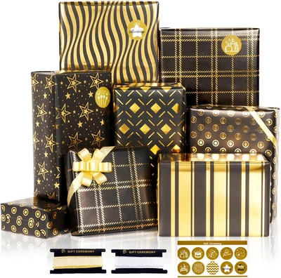 Gift Wrapping Paper Set, 6 Sheets Metallic Black and Gold Inches, - Image 1 of 4