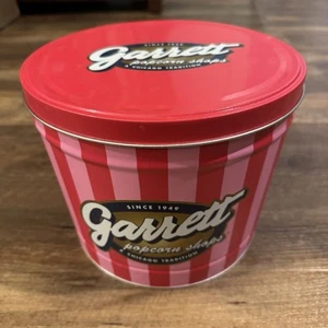 Garrett Popcorn Shops Tin Empty Pink Stripes 7" Tall 9" Diameter Chicago - Picture 1 of 13