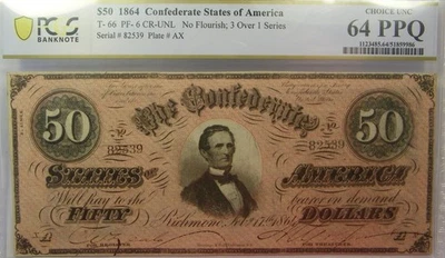 T-66 1864 $50 CONFEDERATE CURRENCY PCGS 64 PPQ CIVIL WAR BILL - Image 1 of 2