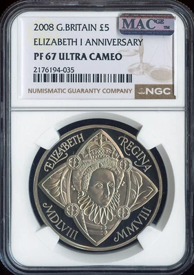 2008 GREAT BRITAIN 5 POUNDS ELIZABETH I ANNIV NGC PF67 UCAM MAC SPOTLESS . - Image 1 of 2