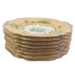 SPODE ANTIQUE SET 8 GORGEOUS ENGLISH DESSERT PLATE SCALLOP GREEN GOLD SCROLLS - Picture 1 of 12