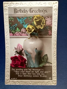 Postcard Rotary Real Photo Birthday Poem Vase flowers roses RPPC C11 - Picture 1 of 2