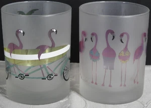 2 Culver Beach Day Flamingo  Frosted Double Old Fashioned DOF Whiskey Glass - Picture 1 of 5