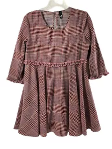 Ing Houndstooth Kleid Damen Medium M rosa schwarz Empire Taille Rüsche langärmelig - Bild 1 von 7