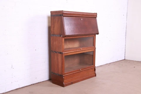 Antique Arts & Crafts Oak Barrister Bookcase With Drop Front Secretary Desk Cover