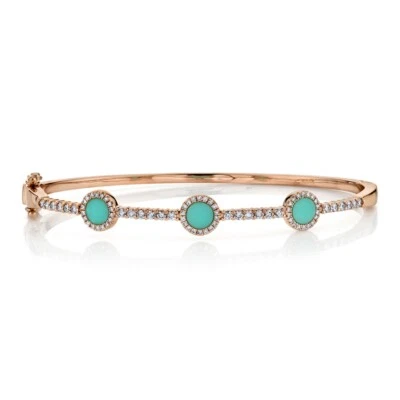 14K Rose Gold Turquoise Diamond Bangle Womens Size 17 CM Round Natural Bracelet - Image 1 of 4