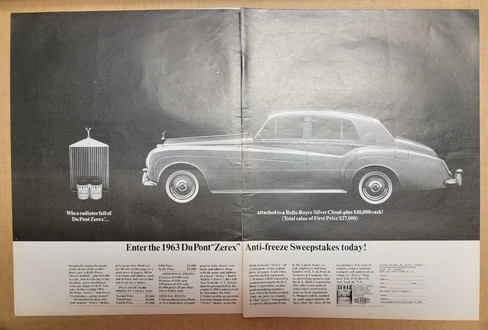 老式 1963 年劳斯莱斯银云杜邦 Zerex 防冻打印广告 2 页 — 第 1/1 张图片