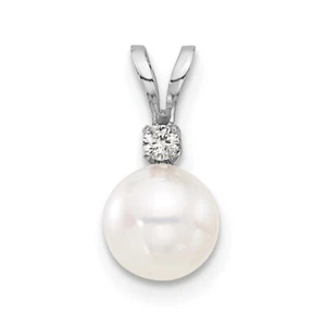 14k White Gold 6-7mm Round Cultured White Akoya Pearl and .03ctw Diamond Pendant - Picture 1 of 4