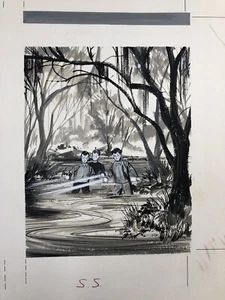 Pintura original artística de ilustración vintage, niños en el pantano por la noche - Imagen 1 de 5