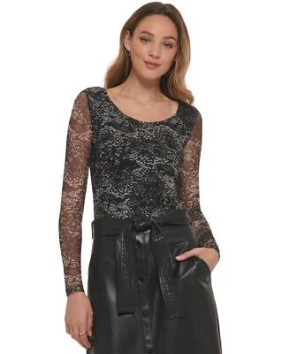 DKNY Womens Scoop-Neck Printed Mesh Long-Sleeve Bodysuit P2JH1OQK Black Multi XL - Image 1 of 4