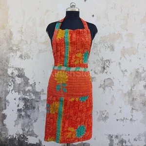 Handmade Vintage Kantha Orange Floral Kitchen Apron For womens Indian Apron Gift - Picture 1 of 7