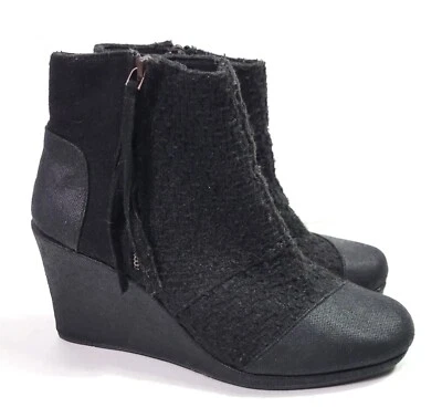 Toms Avery Mujer Negro Borla Cremallera Lateral Botín Tacones de Cuña Talla W8.5 Foto 1 de 4