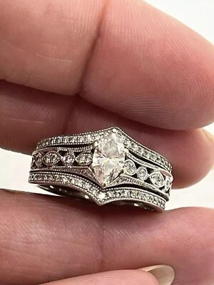 Art Deco Marquise Cut Lab Created Diamond 925 Silver Wedding Bridal Ring Set - Image 1 of 4