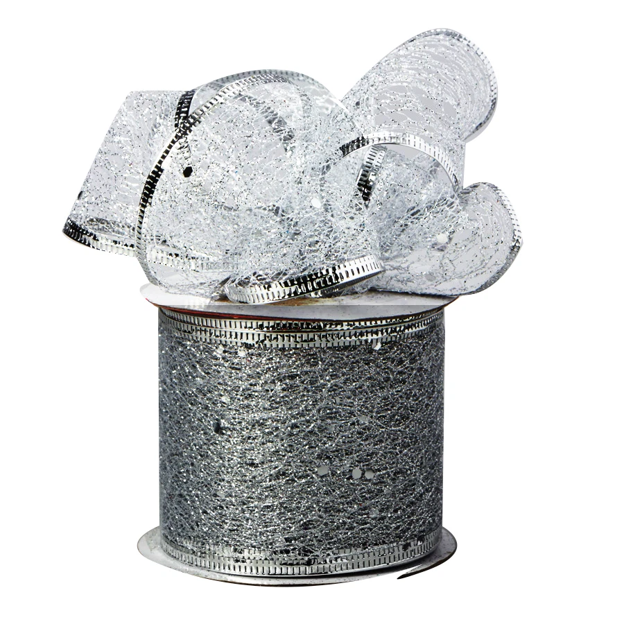 Decorative Tulle Glitter Mesh Wrap Wired Ribbon Roll 2.5 Inch X 10 Yard Silver