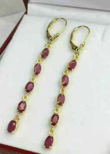 3.00 Ct Oval Cut Lab-Created Ruby Long Dangle Earring 14k Yellow Gold Plated - Picture 1 of 4
