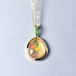 Eleganter mexikanischer Feueropal, Diamant Tsavorit Anhänger NUR 18K Gelbgold - Bild 1 von 10