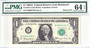 1963-A $1 FRN PMG Choice Unc 64EPQ Fancy TRUE 0/1 BINARY Serial #E00001101F - Picture 1 of 2