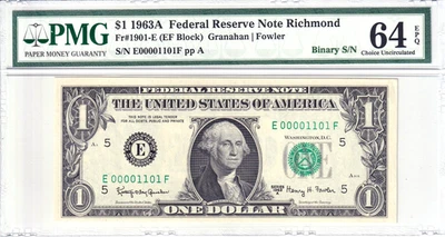 1963-A $1 FRN PMG Choice Unc 64EPQ Fancy TRUE 0/1 BINARY Serial #E00001101F - Image 1 of 2