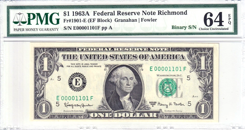 1963-A $1 FRN PMG Choice Unc 64EPQ Fancy TRUE 0/1 BINARY Serial #E00001101F - Image 1 of 2