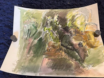 Vintage Jean Boxer-Hammer 1970’s Watercolor Painting Portrait Sitting Man Indoor - Image 1 of 4