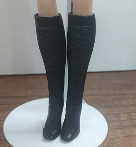 Barbie Doll Size Knee High Black Boots High Heel Lace Up B20 - Picture 1 of 3