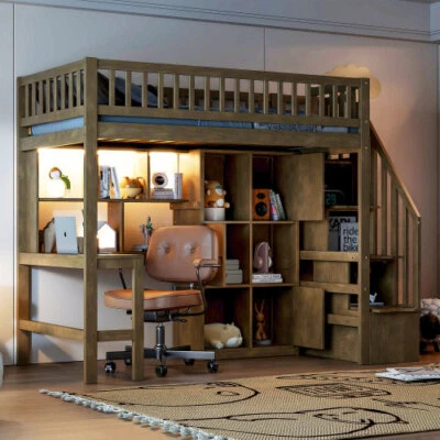 Wood Loft Bed with Desk Staircases Storage Shelves and LED Twin Size Bed Frames - Image 1 of 4