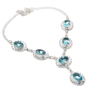 Aqua Aquamarine Gemstone Handmade 925 Sterling Silver Jewelry Necklace Sz 18" - Picture 1 of 1