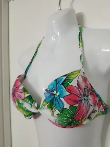 Bikini Prenda para el torso de baño blanco barro con flor rosa/verde adornar acolchada con alambre M - Imagen 1 de 4