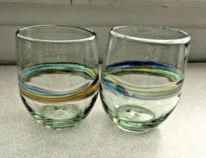 2 GRANADA MEXICAN HAND BLOWN RECYCLED MULTI - COLOR SWIRL TUMBLERS. - Picture 1 of 10