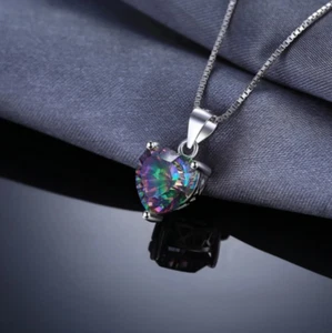 Genuine 925 Sterling Silver Rainbow Heart Mystic Quartz Pendant Necklace - Picture 1 of 3