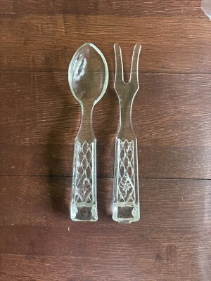 Vintage Embossed Glass Salad Spoon And Fork Serving Set Dinner Holiday Clear - Image 1 of 4