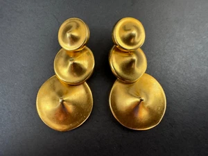 Robert Lee Morris Gold Plated Graduated Triple Tapered Gong Disc Dangle Earrings - Picture 1 of 5