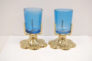 PAIR 3" VOTIVE CANDLE HOLDER WITH BLUE GLASS #229, MORE AVAILABLE. (CHURCH CO.) - Picture 1 of 8